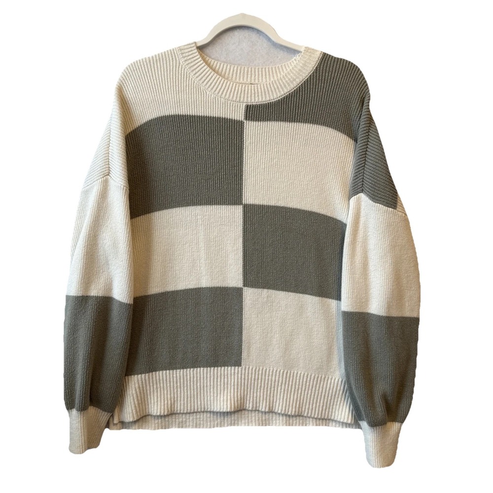 Jessica Simpson Oversized Sage Cream Checkered Crewneck Sweater Women's L Boho‎